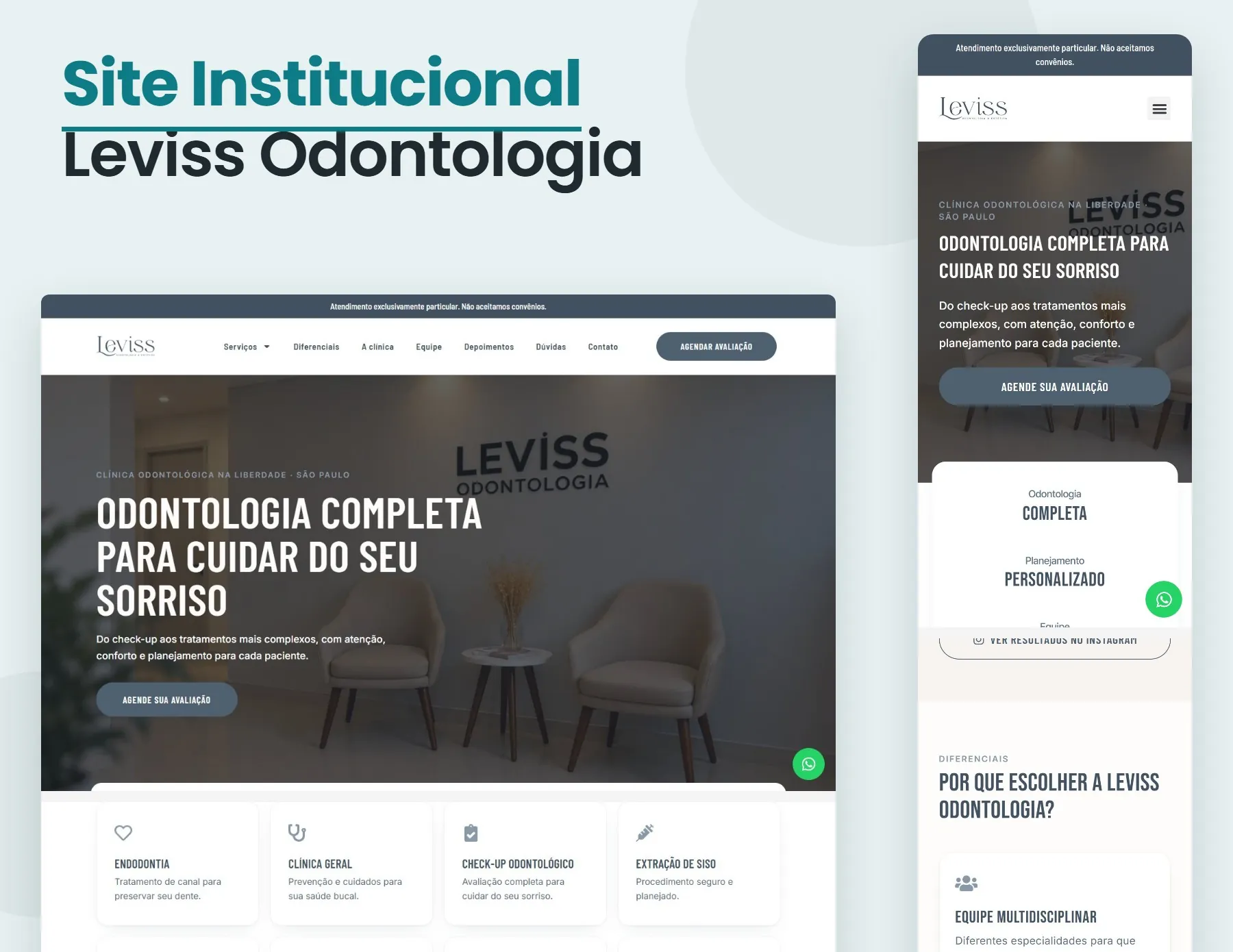 Leviss Odontologia: home em desktop e em celular, apresentação do site institucional