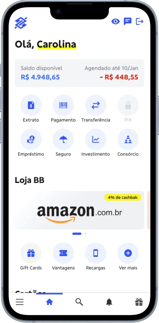 Tela inicial do app do Banco do Brasil com a oferta