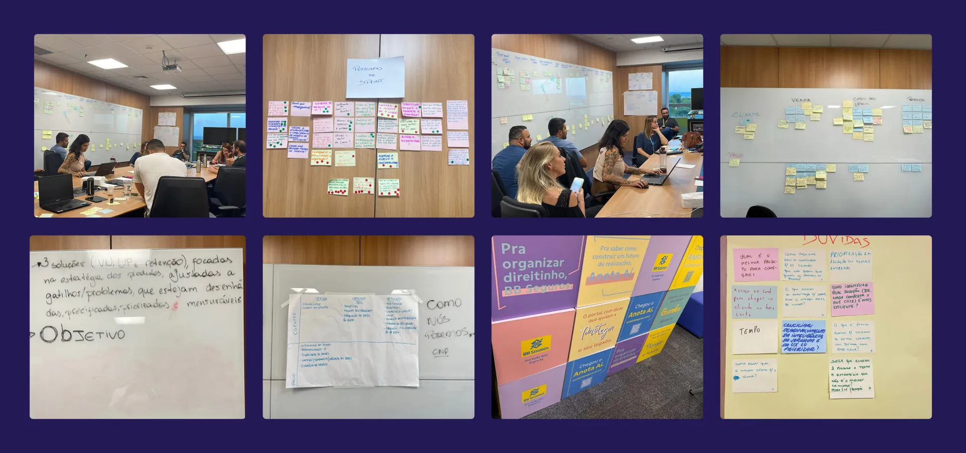 Registros do Design Sprint: equipe reunida, quadros com post-its e anotações