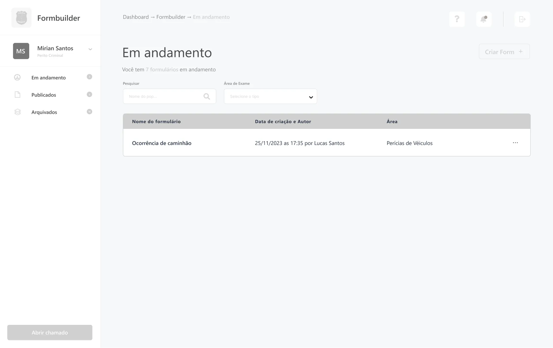 Primeira versão do dashboard do Formbuilder