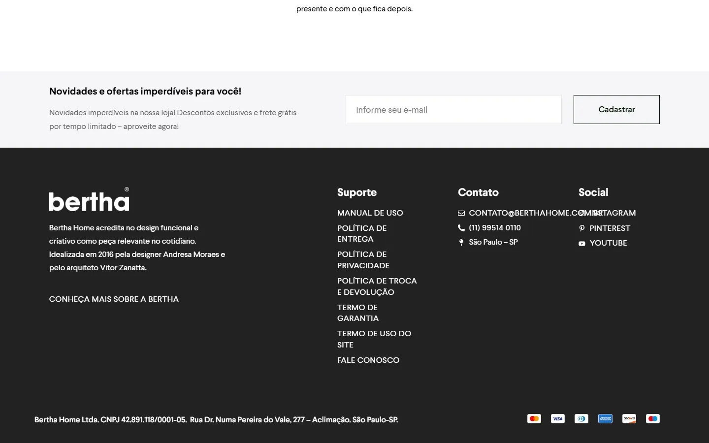 Bertha Home: rodapé e contatos (versão desktop)