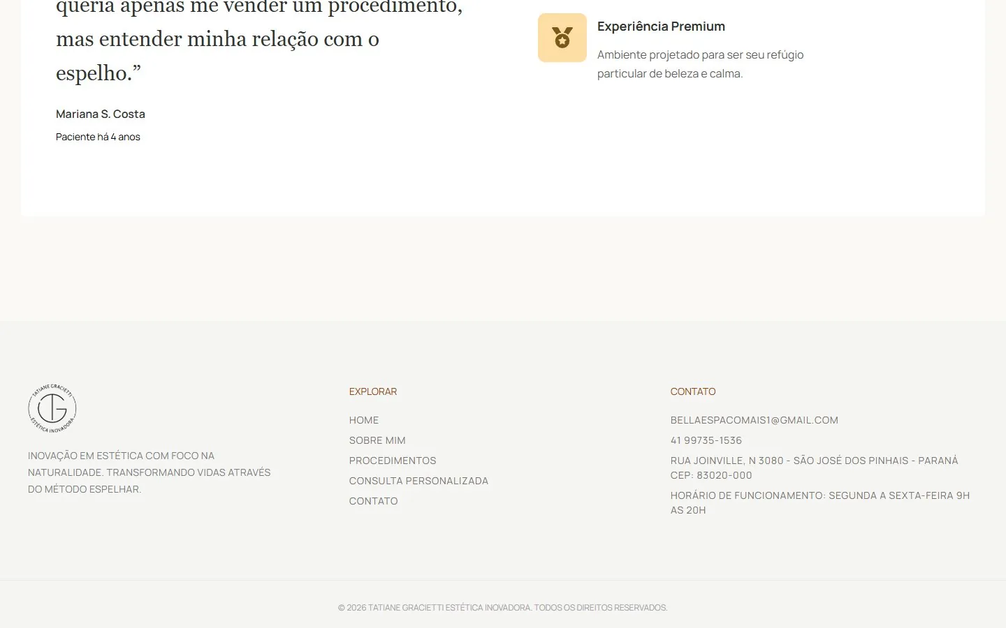 Dra. Tatiane Gracietti: rodapé e contatos (versão desktop)