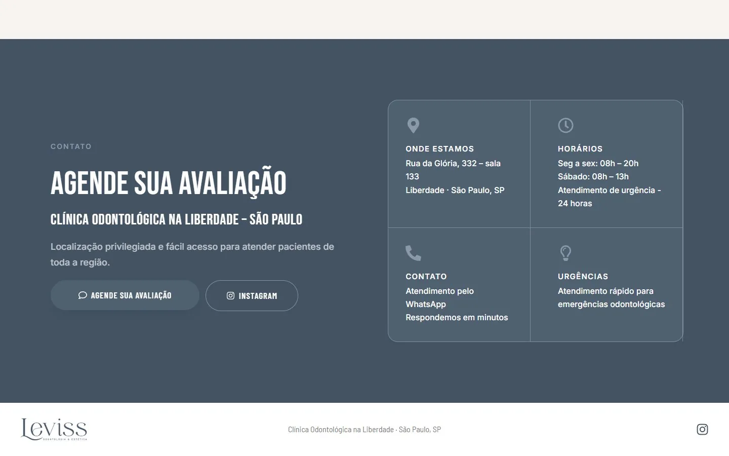 Leviss Odontologia: rodapé e contatos (versão desktop)