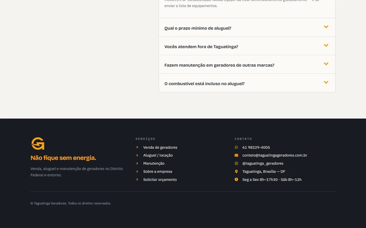 Taguatinga Geradores: rodapé e contatos (versão desktop)