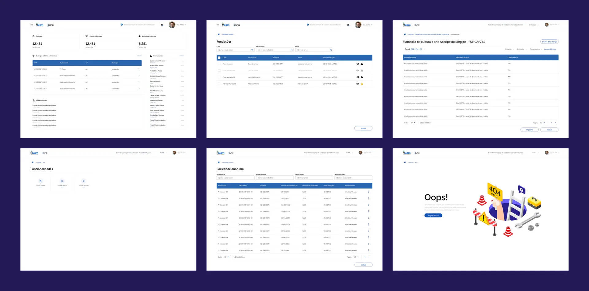 Final Suria screens: dashboard, listings, license detail, features, corporation and 404 page