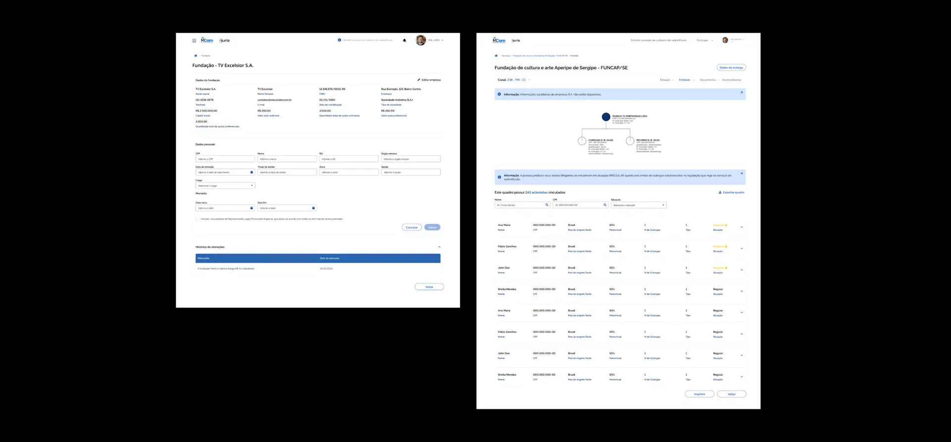 Foundation registration and ownership table with 245 shareholders, percentages and status