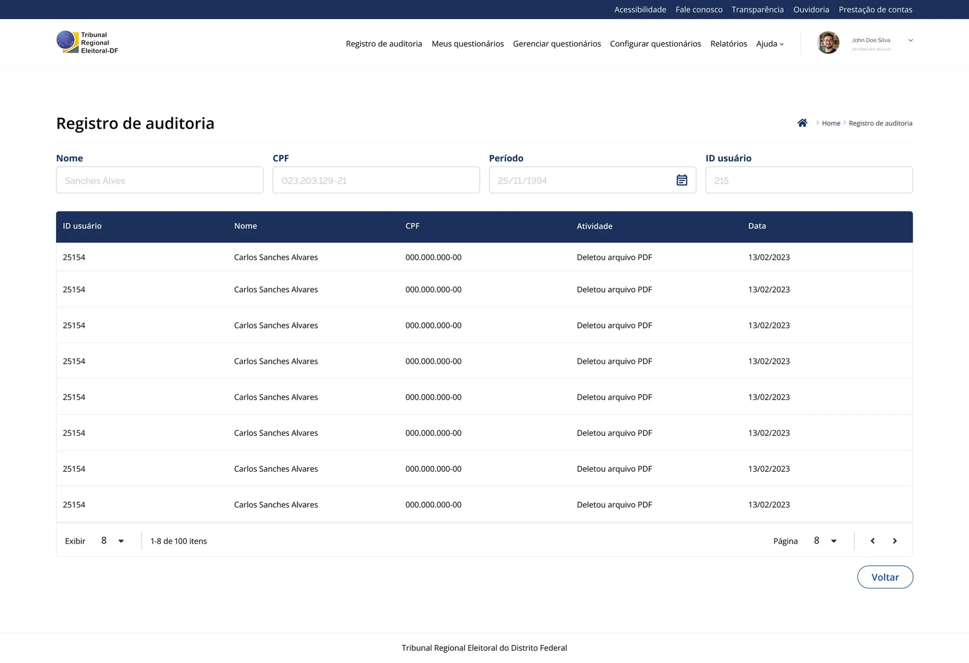 Tela de registro de auditoria com dados retornados